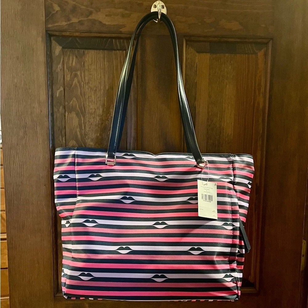Kate Spade Jae Lip print stripe nylon tote purse bag NWT